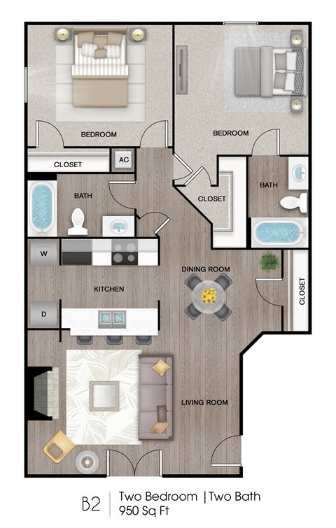 A floor plan of a two bedroom, two bathroom apartment.